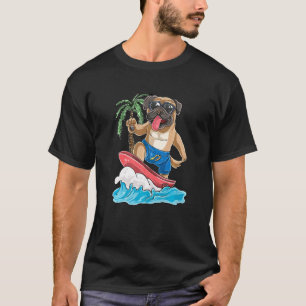 Camiseta Cachorro Pug Surfando Prancha de Surf Retro Surfa