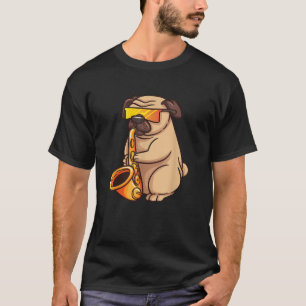 Camiseta Cachorro Pug Tocador de Saxofone Banda de Jazz Mús