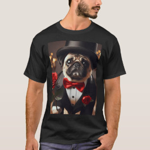 Camiseta Cachorro pug triste em terno com rosa vermelha