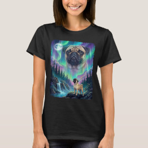 Camiseta Cachorro Pug uivando luzes do norte aurora lua flo