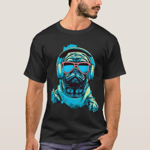Camiseta Cachorro, pug, Walkman, fones de ouvido, música, p