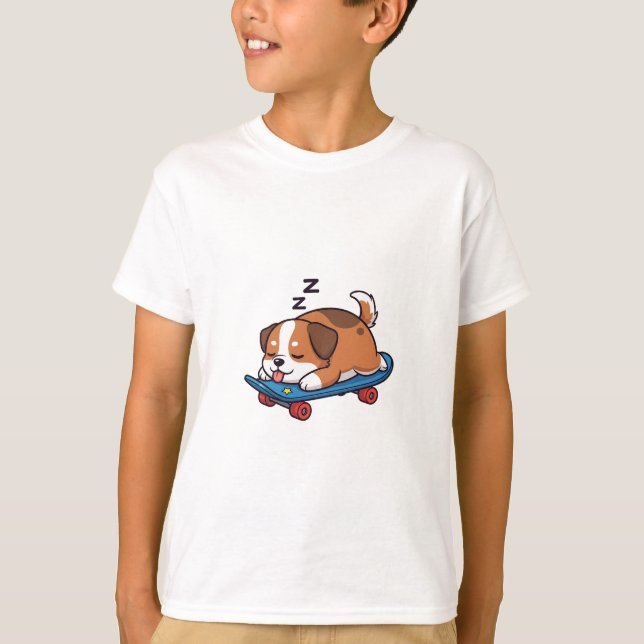 Camiseta Cachorro Puppy Sonolento de Skate para Crianças (Frente)