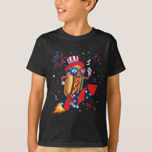 Camiseta Cachorro-quente 4 de Julho Foguete Patriótico e Fo