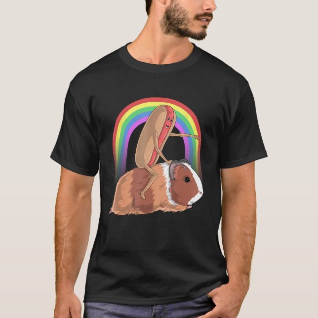 Camiseta Cachorro Quente Cavalgando Guiné Pig Arco-Íris Cut (Frente)