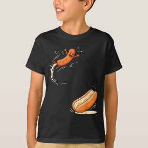 Camiseta Cachorro-quente Engraçado Pulando no Pão Salsicha