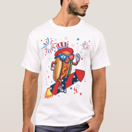 Camiseta Cachorro-quente Foguete Patriótico e Fogos de Arti