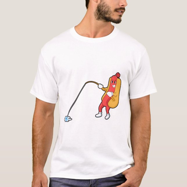 Camiseta Cachorro-quente na pesca com vara de pesca (Frente)