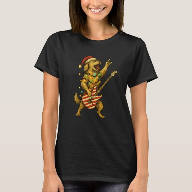 Camiseta Cachorro Retriever Dourado De Natal Tocando Guitar (Frente)