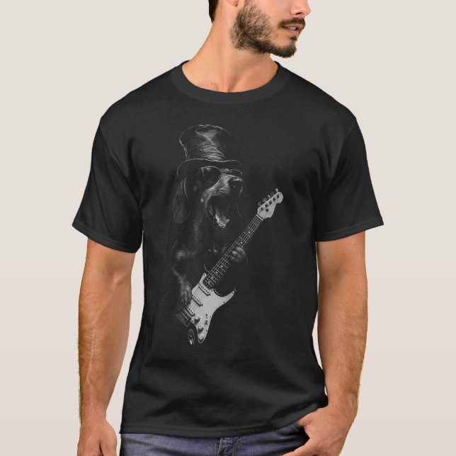 Camiseta Cachorro Salsicha Estrela do Rock Tocando (Frente)