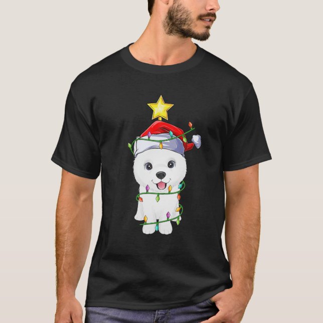 Camiseta Cachorro Samoed Xmas Lighting Tree Matando Samoyed (Frente)