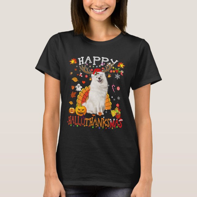 Camiseta Cachorro Samozado Cachorro de Natal Feliz Hallotha (Frente)