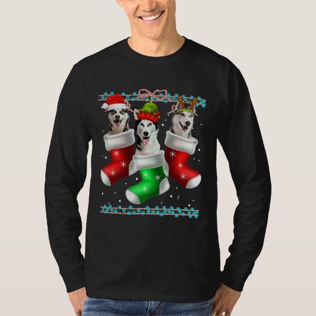Camiseta Cachorro Siberian Husky Meias de Natal (Frente)