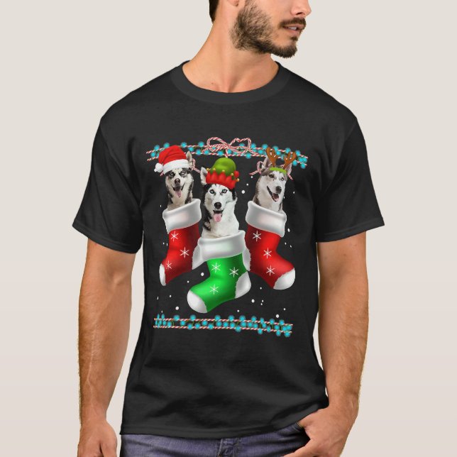 Camiseta Cachorro Siberian Husky Meias de Natal (Frente)