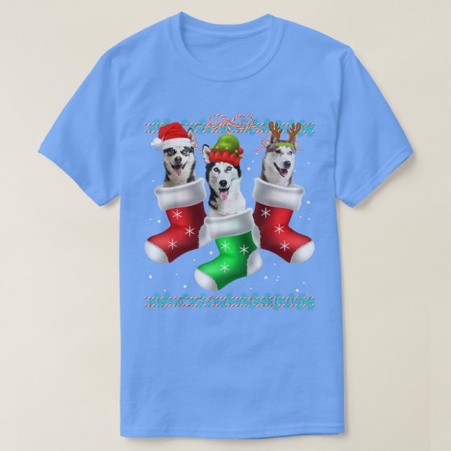 Camiseta Cachorro Siberian Husky Meias de Natal Engraçado X (Frente do Design)