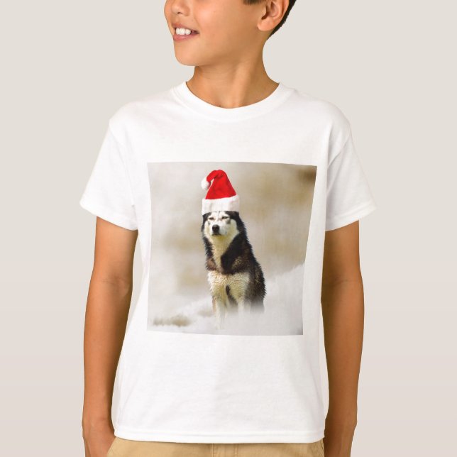 Camiseta Cachorro Siberiano Husky com Papai Noel em neve (Frente)
