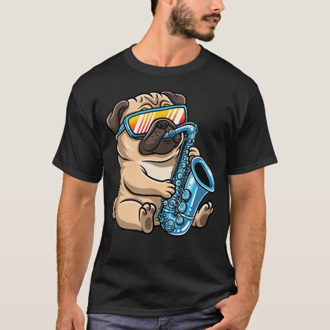 Camiseta Cachorro Usando Óculos de Sol Tocando Saxofone (Frente)