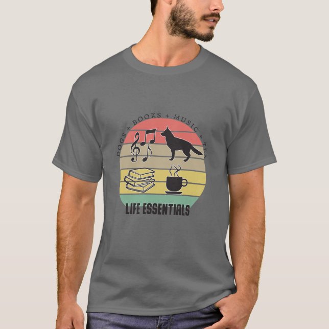 Camiseta Cachorros Essenciais, Chá, Livros, Música Vintage (Frente)
