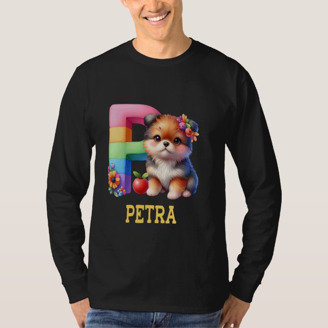 Camiseta Cachorros - Letra Petra Name - Cachorro Arco-Íris (Frente)