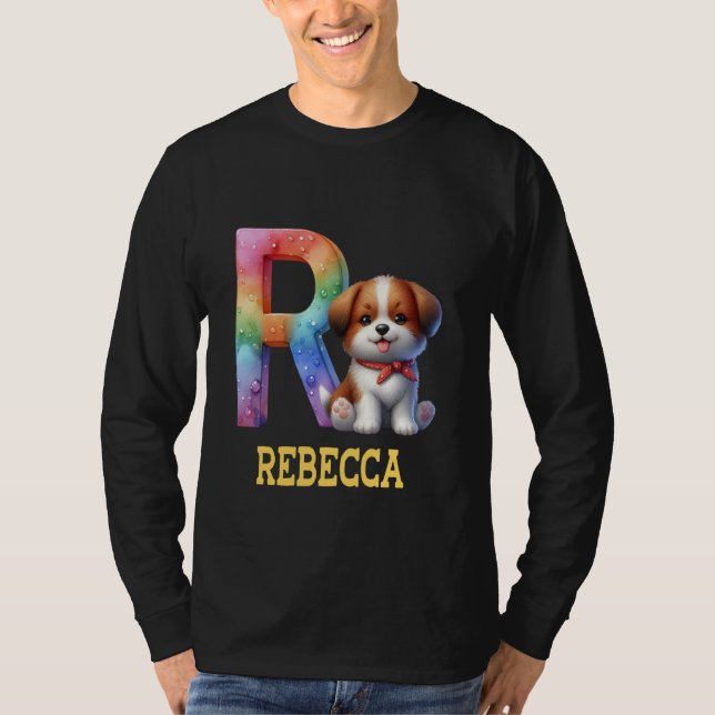 Camiseta Cachorros - Letra Rebecca Name Rainbow Dog (Frente)