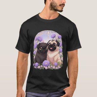 Camiseta Cachorros Pug entre flores de peônia