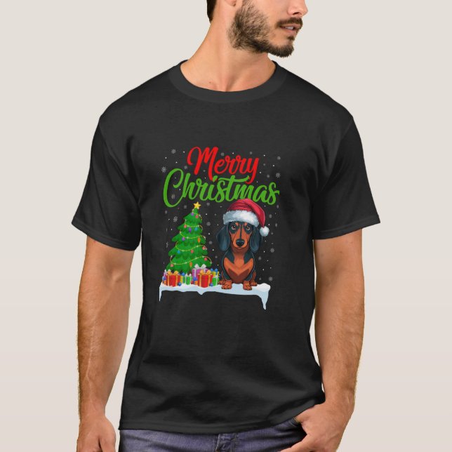Camiseta Cachshund Árvore de Natal Luz Xmas Dachshund (Frente)