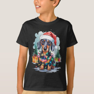 Camiseta Cachshund Cachorro Papai Noel Noel Luzes de Natal