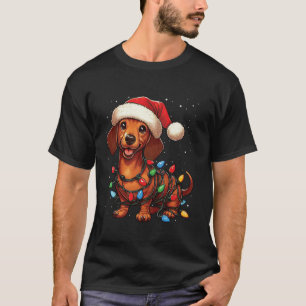 Camiseta Cachshund Dog Natal Luz Santa Hat Neve