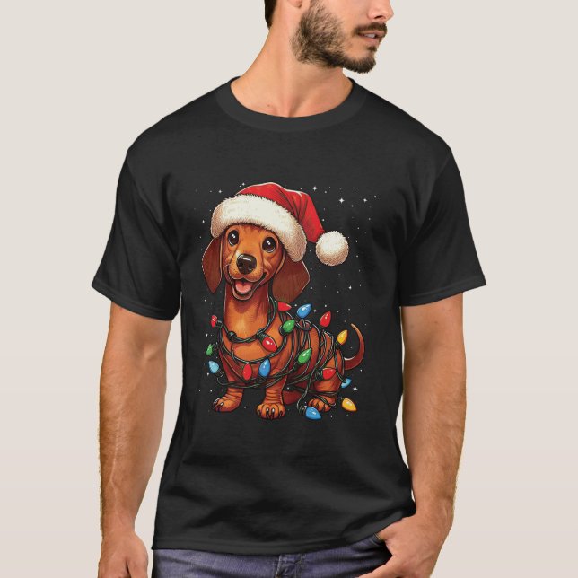 Camiseta Cachshund Dog Natal Luz Santa Hat Neve (Frente)