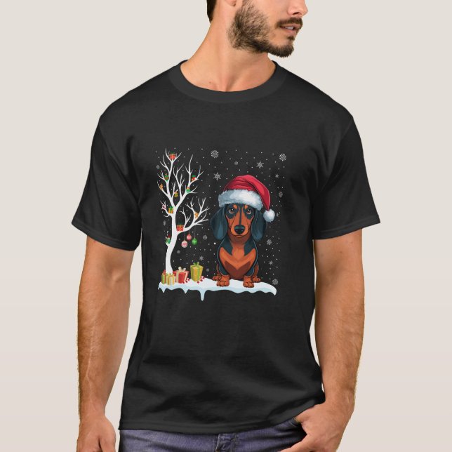 Camiseta Cachshund Noel Hat Festivo Árvore Festiva Natal (Frente)