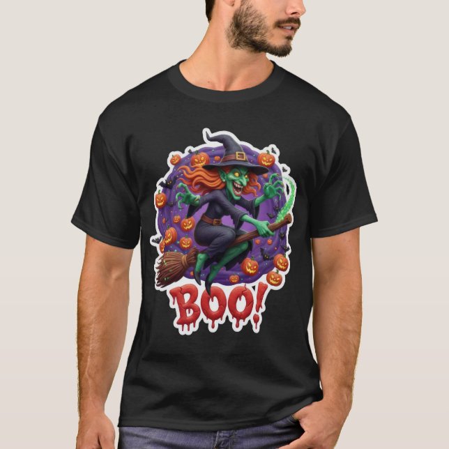 Camiseta Cackling witch on broomstick surrounded by pumpkin (Frente)