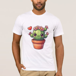 Camiseta Cacto Kawaii Fofo Com Flores Rosa