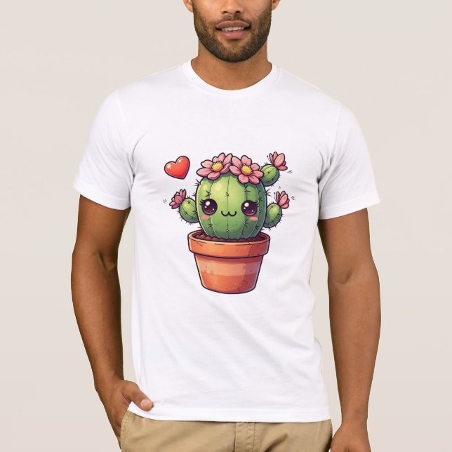 Camiseta Cacto Kawaii Fofo Com Flores Rosa (Frente)