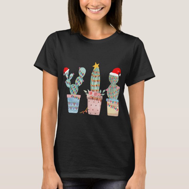 Camiseta Cactus Christmas Tree Lights Cactus Lover Mão Dr (Frente)