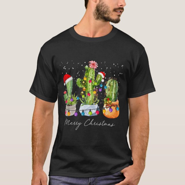 Camiseta Cactus Christmas Xmas Trees Lights Santa Hat Cactu (Frente)