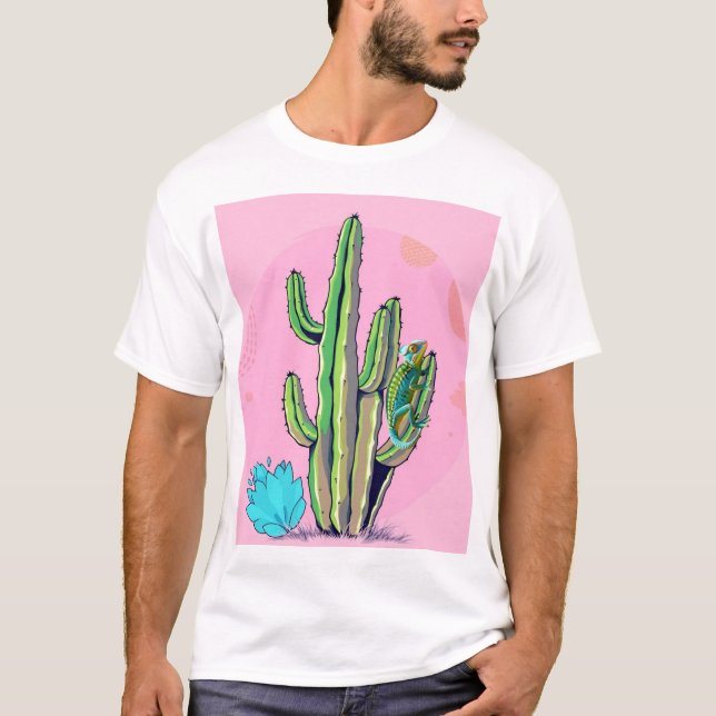 Camiseta "Cactus e Lizard T-Shirt: Beleza do deserto a rosa (Frente)