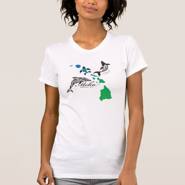 Camiseta Cadeia das Ilhas Havaí - Golfinho e Baleia do Hava (Frente)