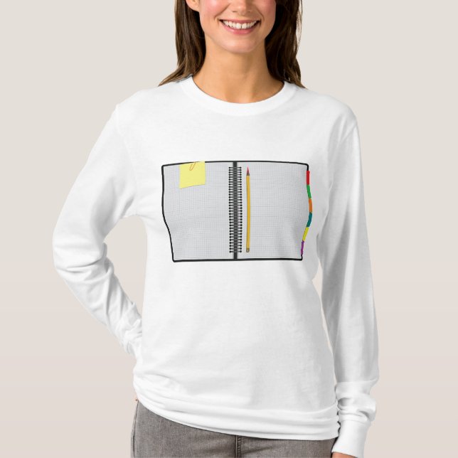 Camiseta Caderno de papel milimetrado aberto com lápis (Frente)