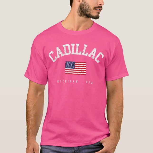 Camiseta Cadillac MI Retro American Flag USA City Name fami (Frente)