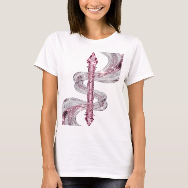 CAMISETA CÁDUCEO COM PEDRAS PRECIOSAS ROSAS E ROSA E (Frente)