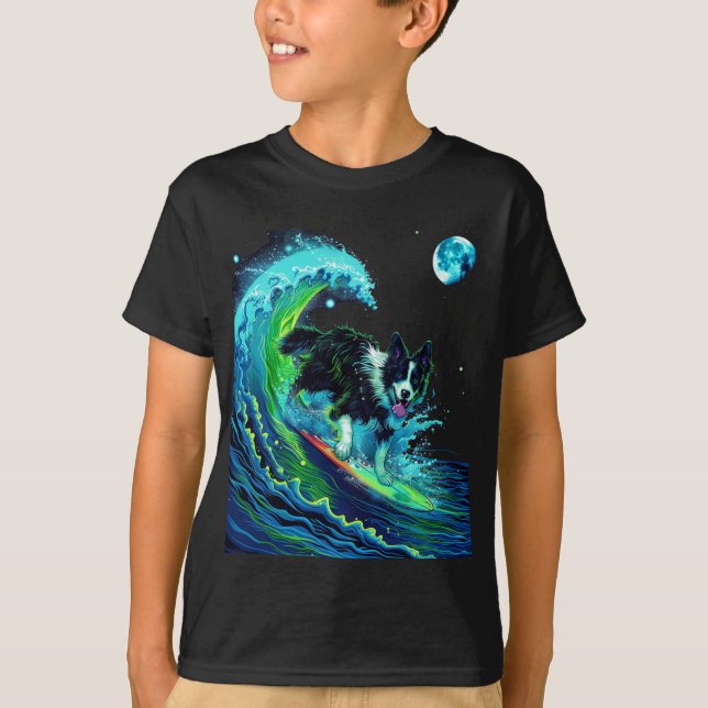 Camiseta Cães Border Collie Surfando ao Luar (Frente)