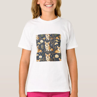 Camiseta Cães Corgi Elegantes Padrão Damasco Dourado Azul M