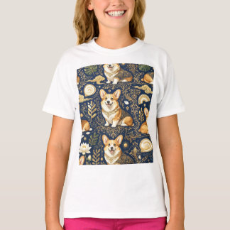 Camiseta Cães Corgi Elegantes Padrão Damasco Dourado Azul M