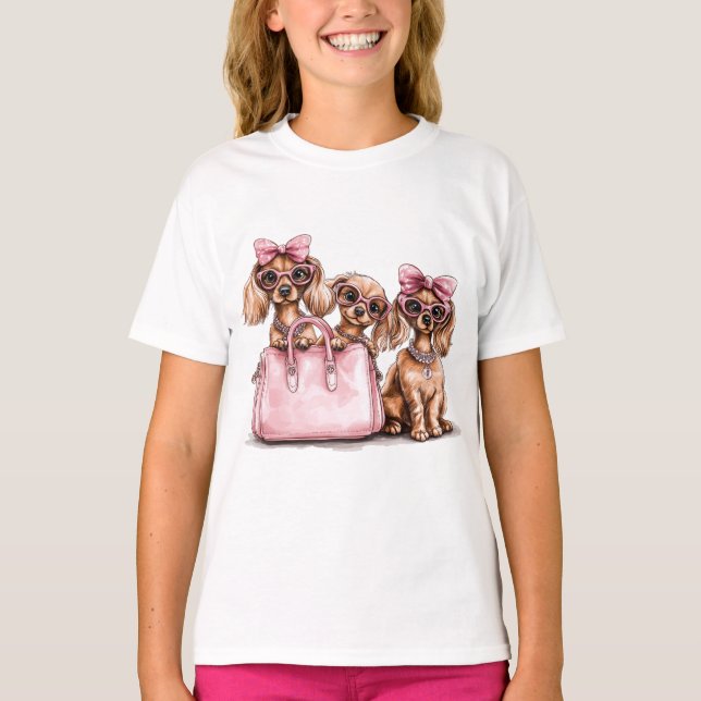Camiseta Cães de Dachshund Fashionáveis, Bolsa Rosa (Frente)