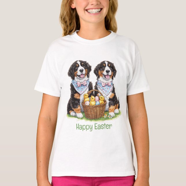 Camiseta Cães de Montanha felz pascoa Bernese (Frente)