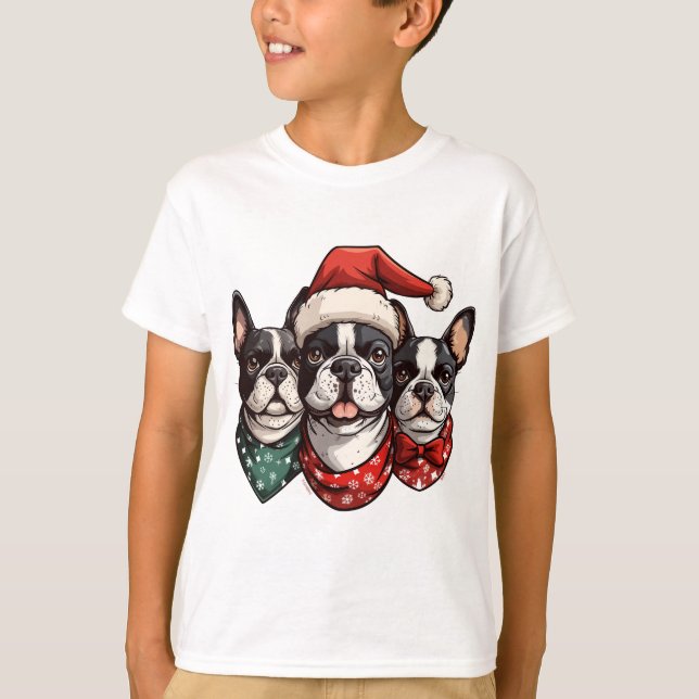 Camiseta Cães de Natal em Boston Terrier (Frente)