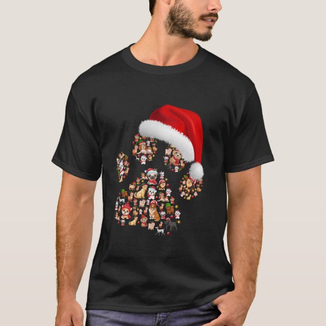 Camiseta Cães de Natal Feliz Paws Luz Santa Chapéu Puppy X (Frente)