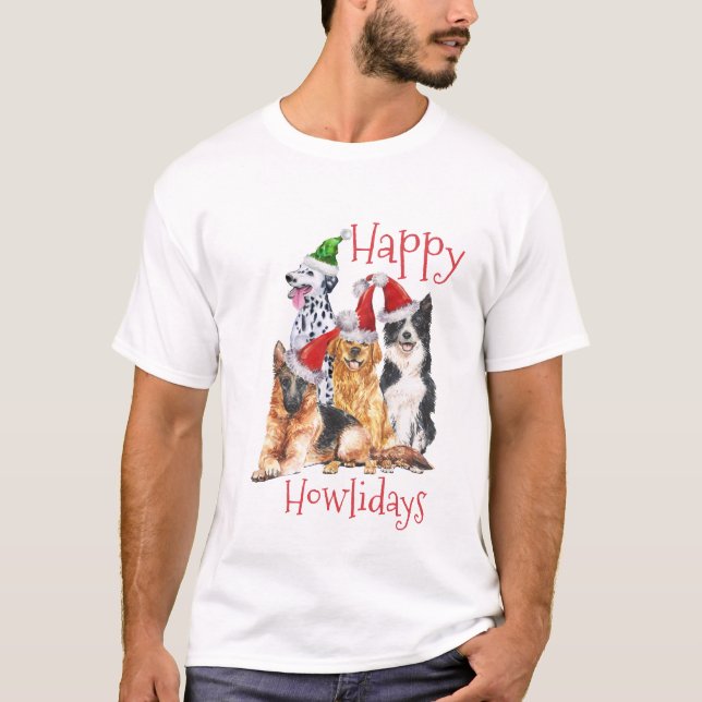 Camiseta Cães de Natal vestindo chapéus Feliz Howlidays (Frente)