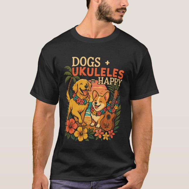 Camiseta Cães de Ukulele Havaiano Uke + Ukuleles Feliz (Frente)