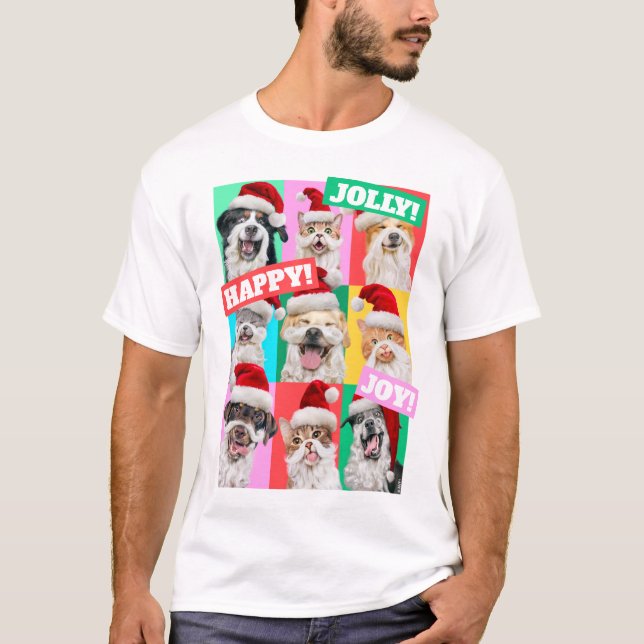 Camiseta Cães e Gatos com Barba de Papai Noel (Frente)