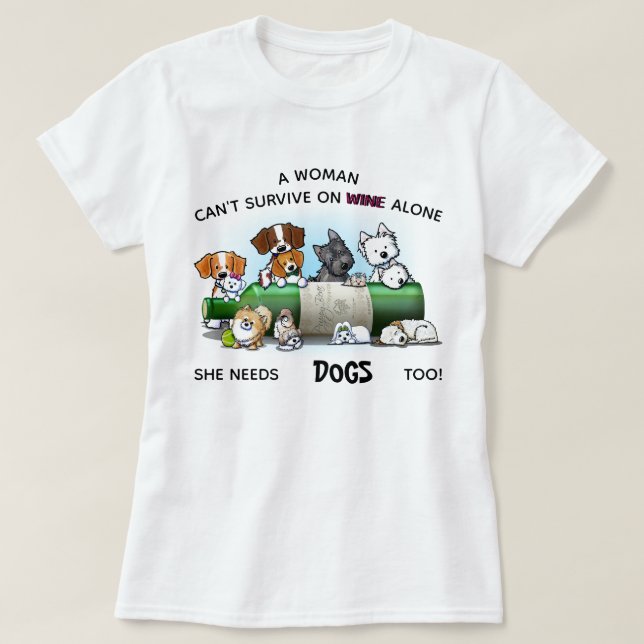 Camiseta CÃES e VINHO das mulheres de KiniArt (Frente do Design)